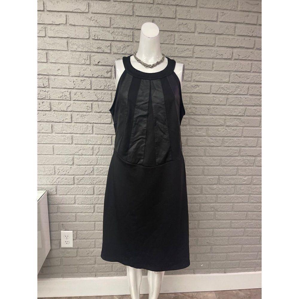 Ashley Stewart Black Faux Leather Panel Halter Dress Size 14 -16
